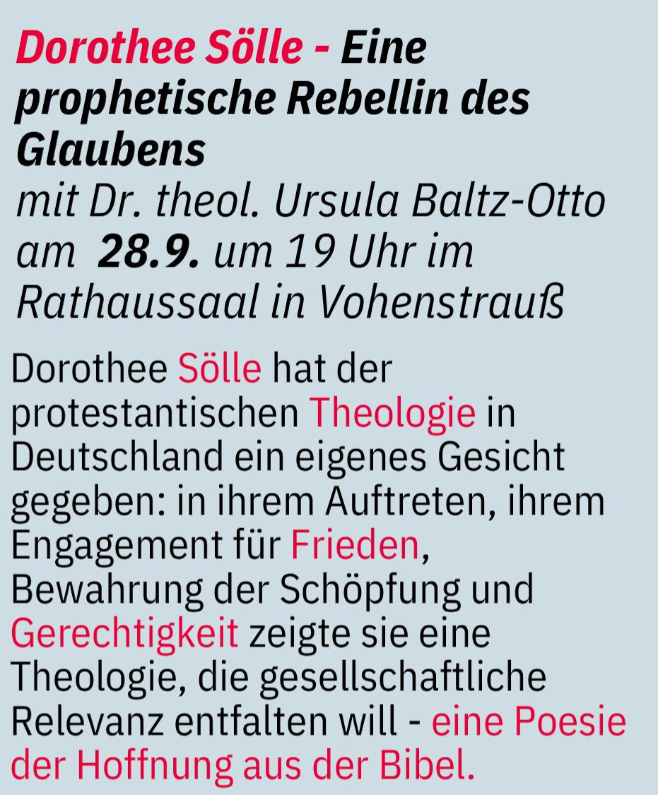 Dorothee Sölle - Eine prophetische Rebellin des Glaubens am 28.9. um 19 Uhr im Rathaussaal
